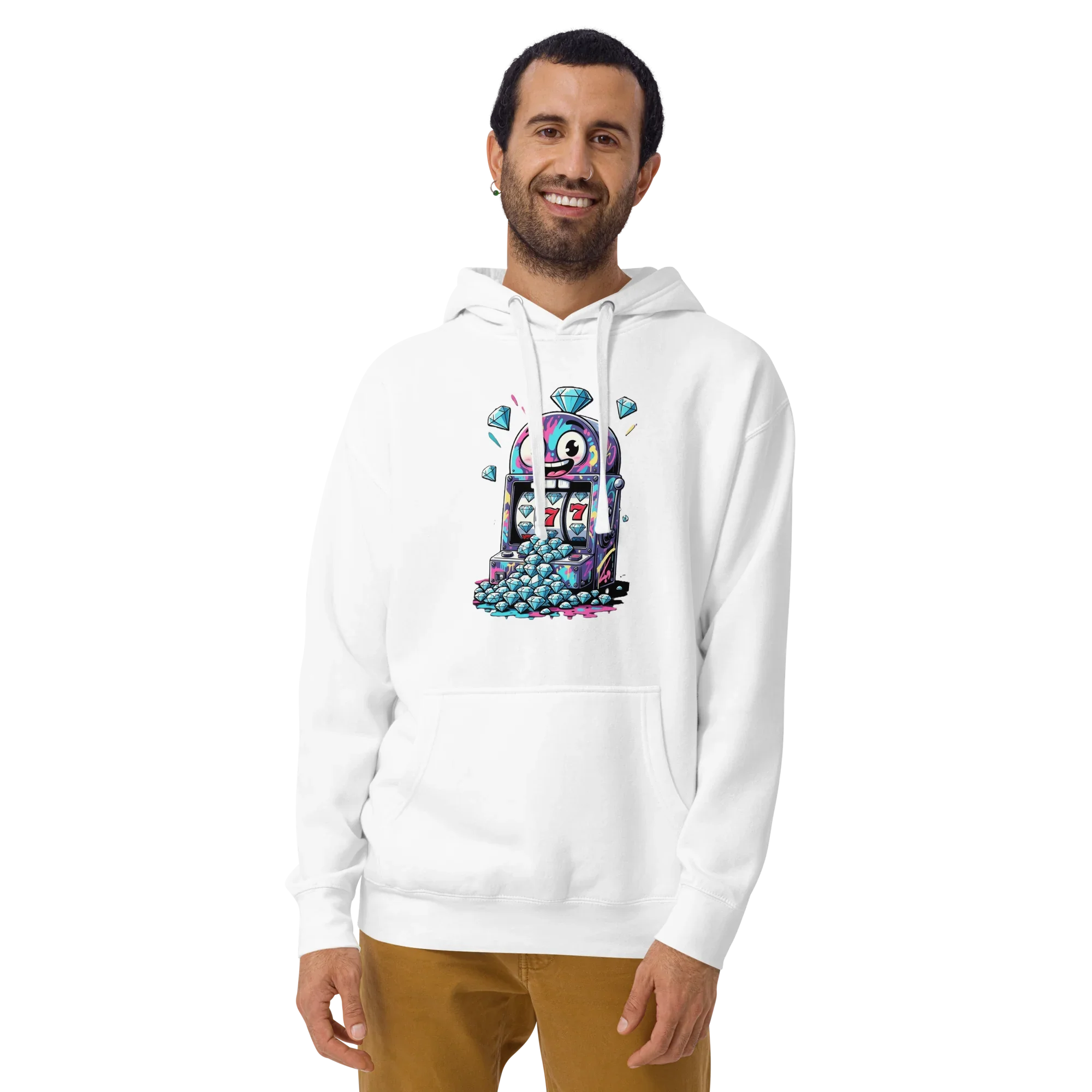 White hoodie with colorful slot machine graphic, featuring diamonds and lucky 7s for casino-themed fashion.