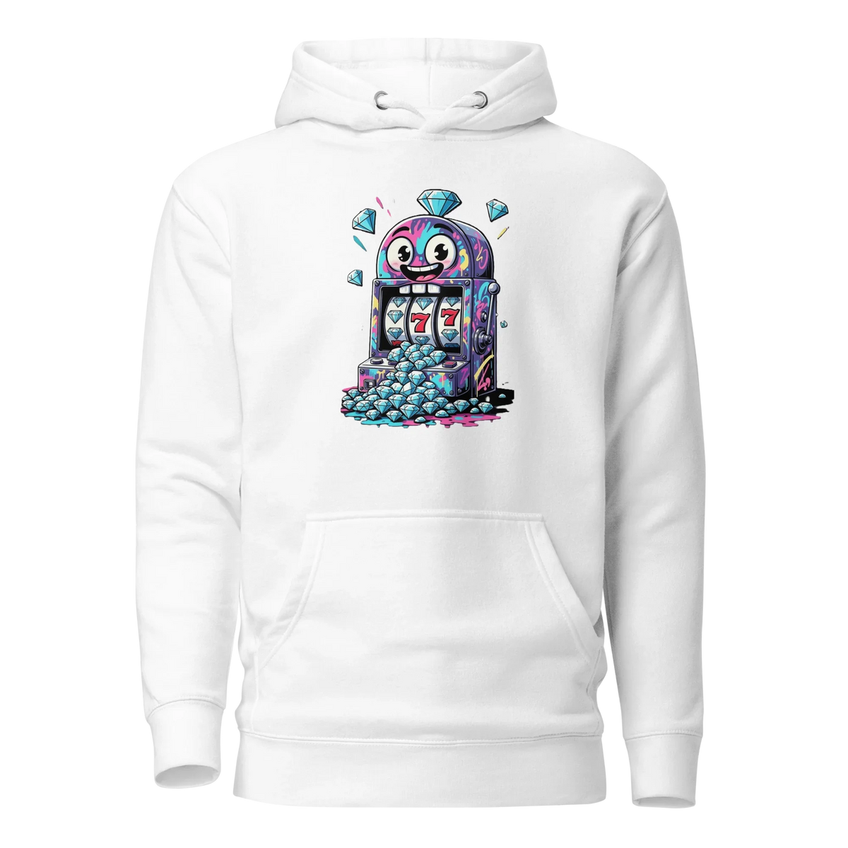 White hoodie with quirky slot machine design featuring 777 and diamonds for players
