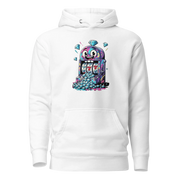 White hoodie with quirky slot machine design featuring 777 and diamonds for players