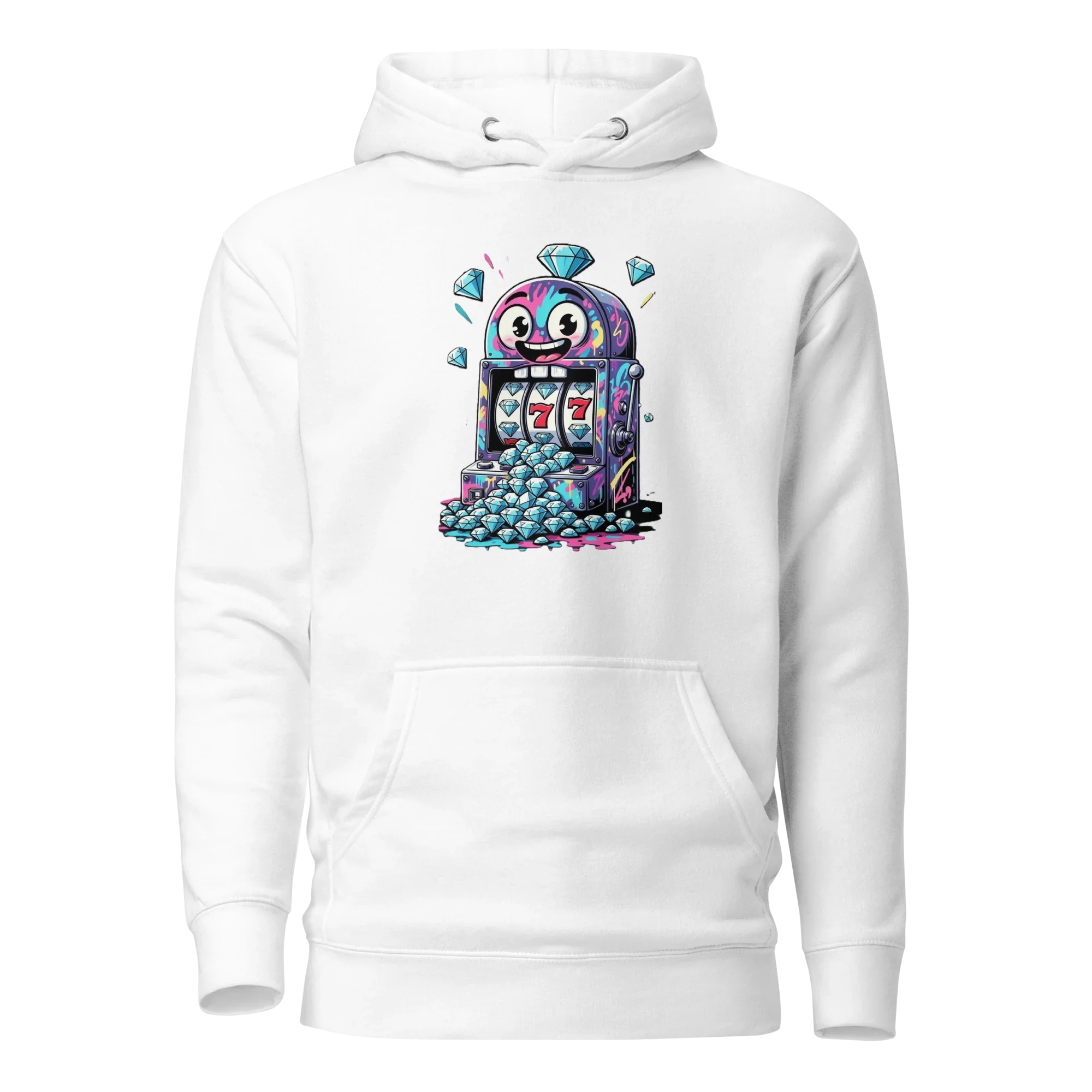 White hoodie with quirky slot machine design featuring 777 and diamonds for players