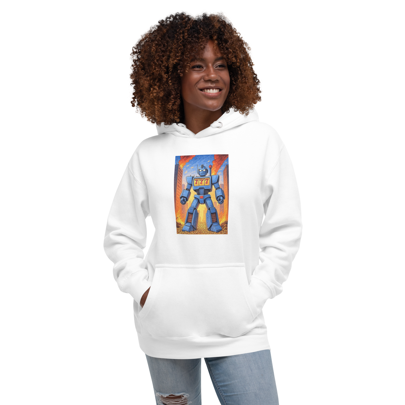 White hoodie with blue robot slot machine graphic, 777 design, for players and fans of quirky gaming apparel.