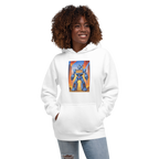 White hoodie with blue robot slot machine graphic, 777 design, for players and fans of quirky gaming apparel.