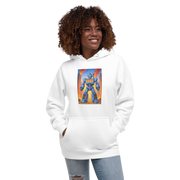 White hoodie with blue robot slot machine graphic, 777 design, for players and fans of quirky gaming apparel.