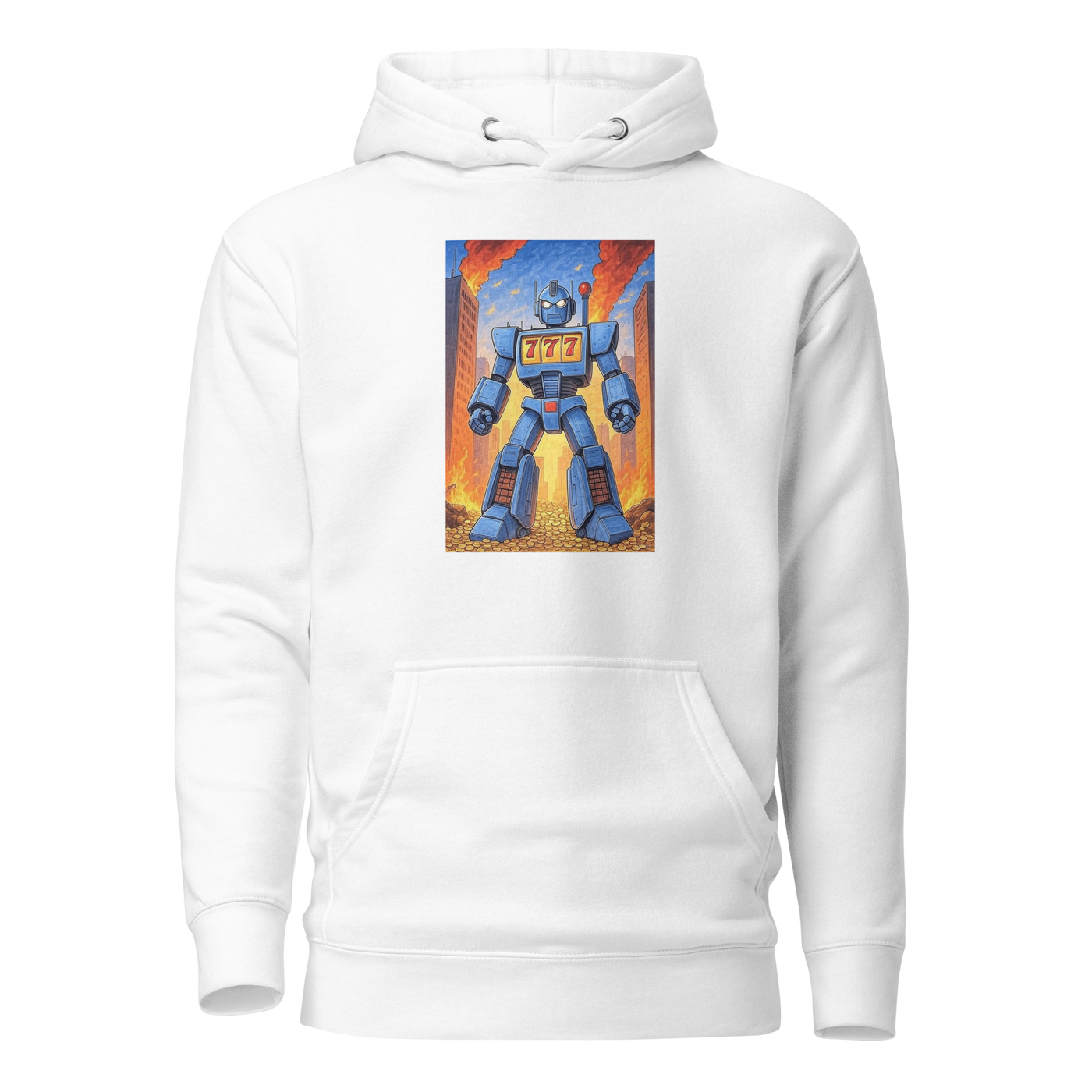 White hoodie with blue robot graphic featuring 777 slot machine design, coins, and cityscape background