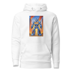 White hoodie with blue robot graphic featuring 777 slot machine design, coins, and cityscape background
