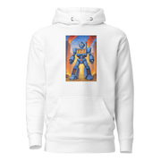 White hoodie with blue robot graphic featuring 777 slot machine design, coins, and cityscape background