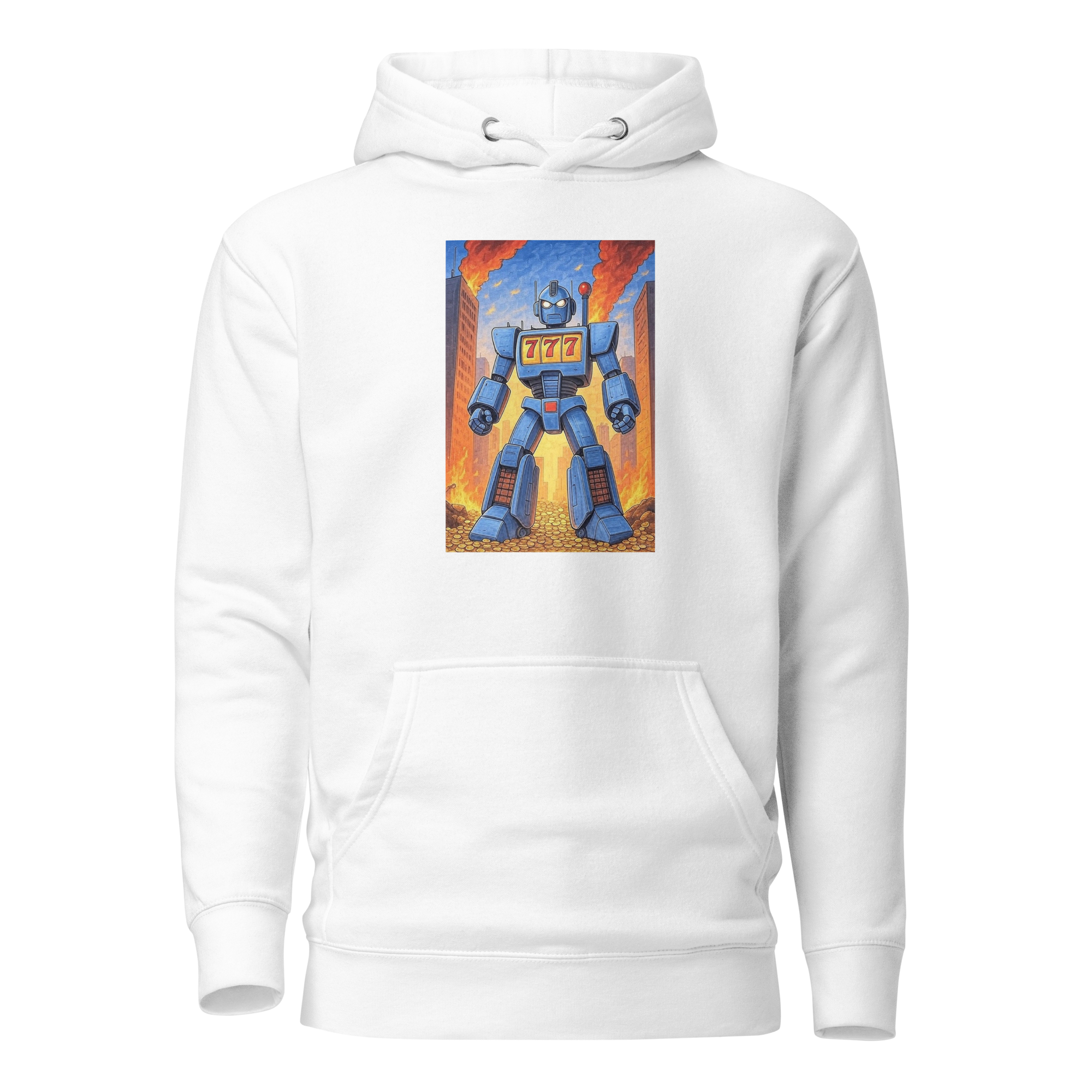 White hoodie with blue robot graphic featuring 777 slot machine design, coins, and cityscape background