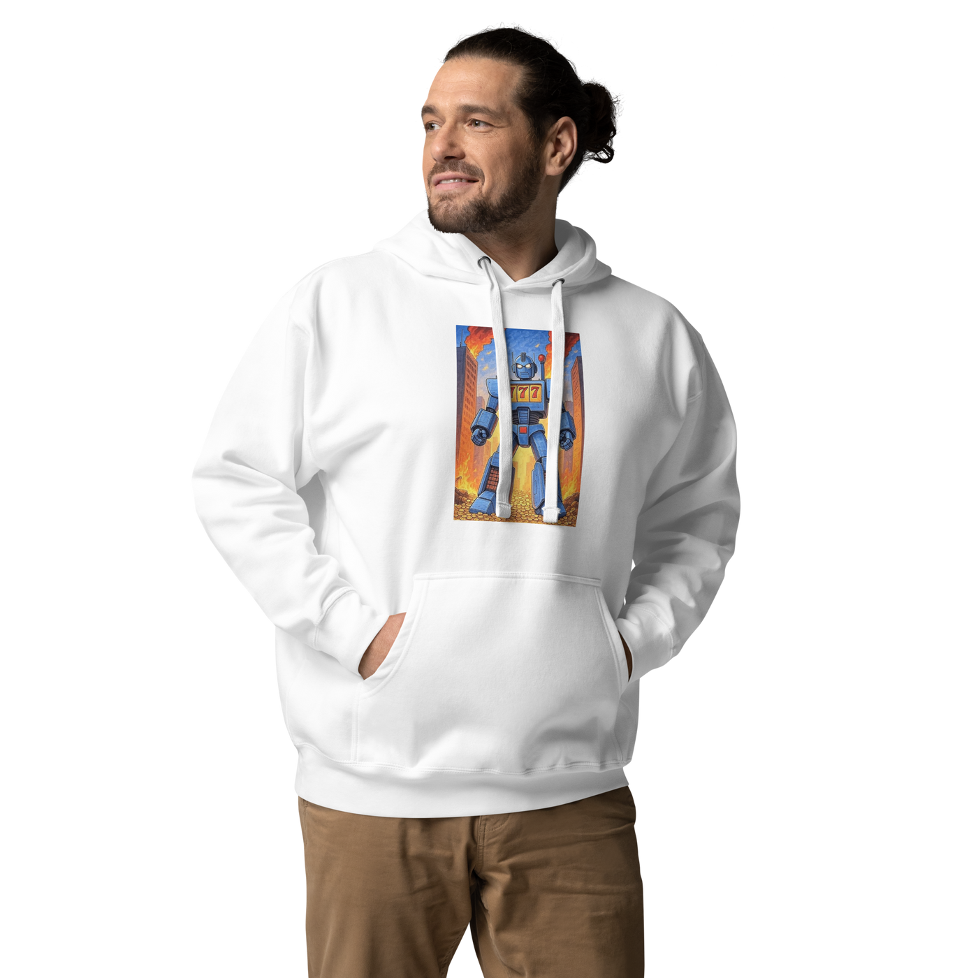 White hoodie with robot slot machine graphic, 777 design, quirky gaming apparel for players