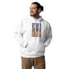 White hoodie with robot slot machine graphic, 777 design, quirky gaming apparel for players
