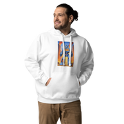 White hoodie with robot slot machine graphic, 777 design, quirky gaming apparel for players