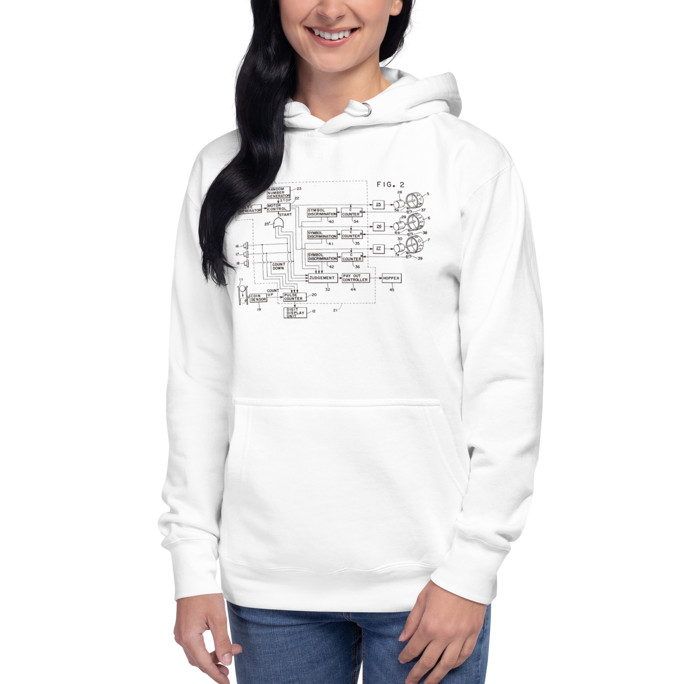 White hoodie with slot machine diagram design for players and professionals
