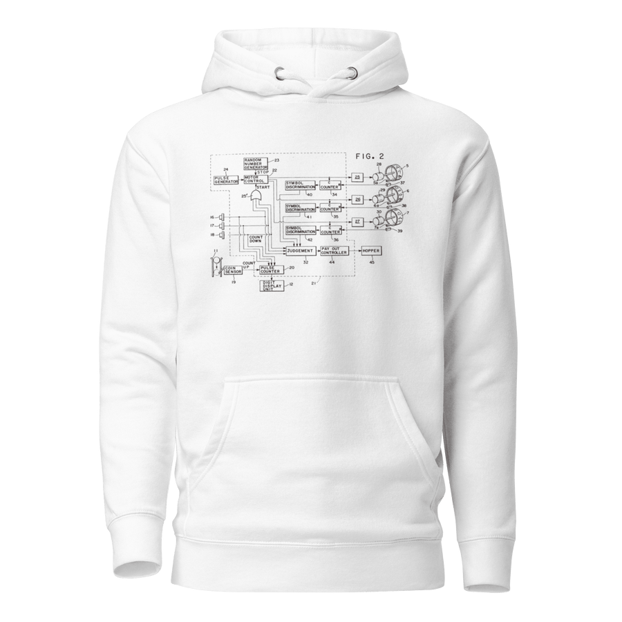 White hoodie with vintage slot machine schematic diagram, perfect for casino enthusiasts and tech lovers
