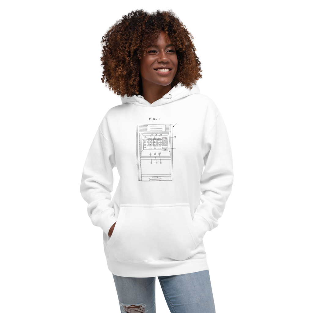 White hoodie with slot machine diagram design for players and professionals