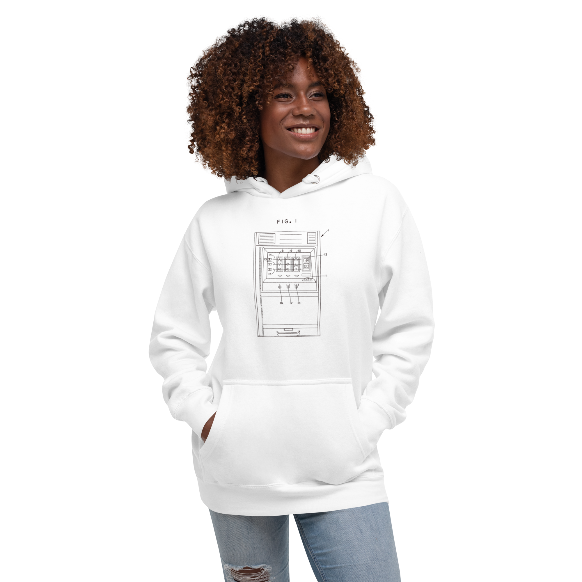 White hoodie with slot machine diagram design for players and professionals