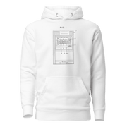 White hoodie featuring a slot machine blueprint design, perfect for casino enthusiasts and players.