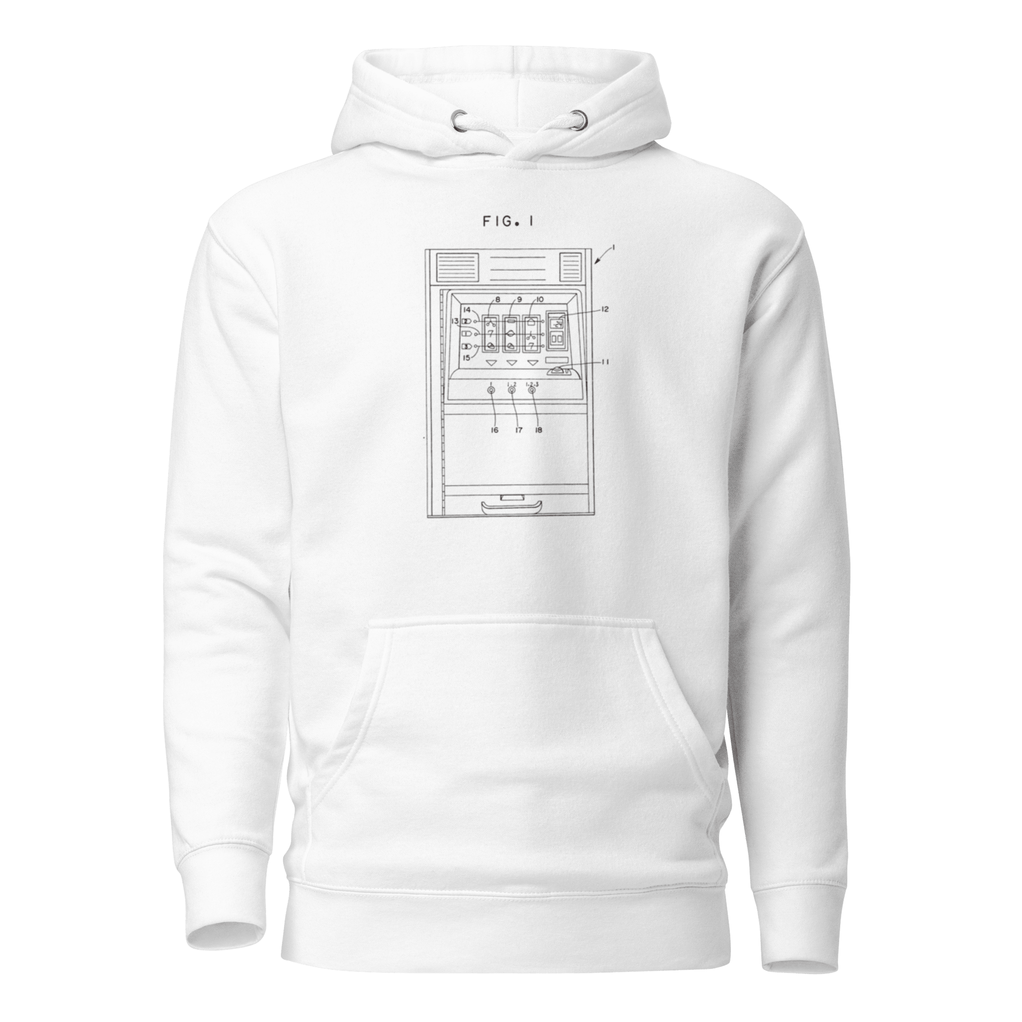 White hoodie featuring a slot machine blueprint design, perfect for casino enthusiasts and players.