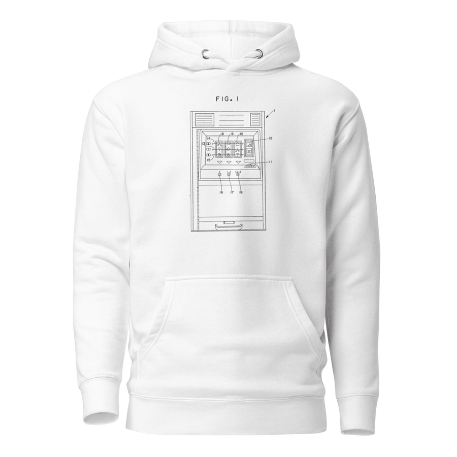 White hoodie featuring a slot machine blueprint design, perfect for casino enthusiasts and players.