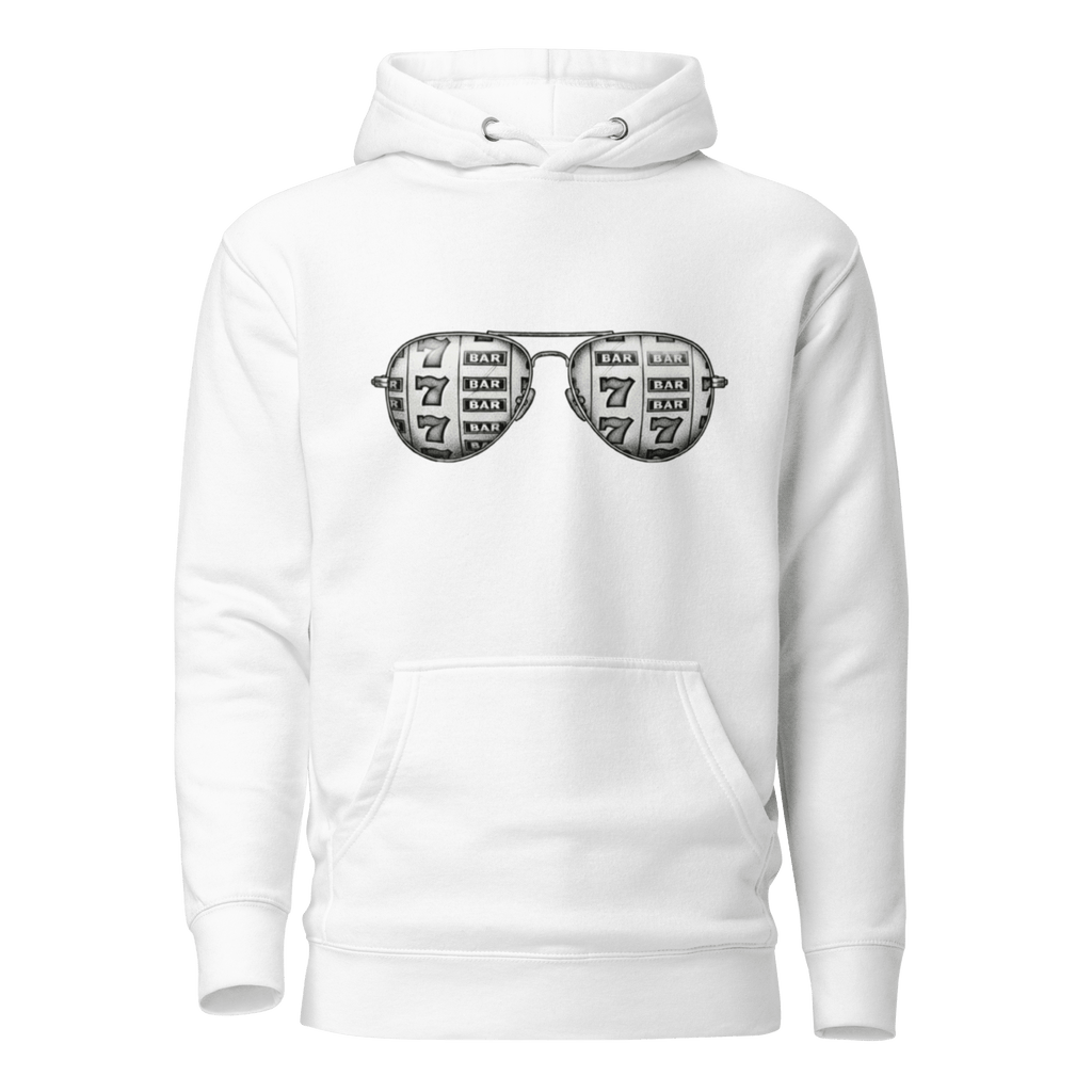 White hoodie with slot machine-themed aviator glasses design, featuring 7s and BAR symbols.
