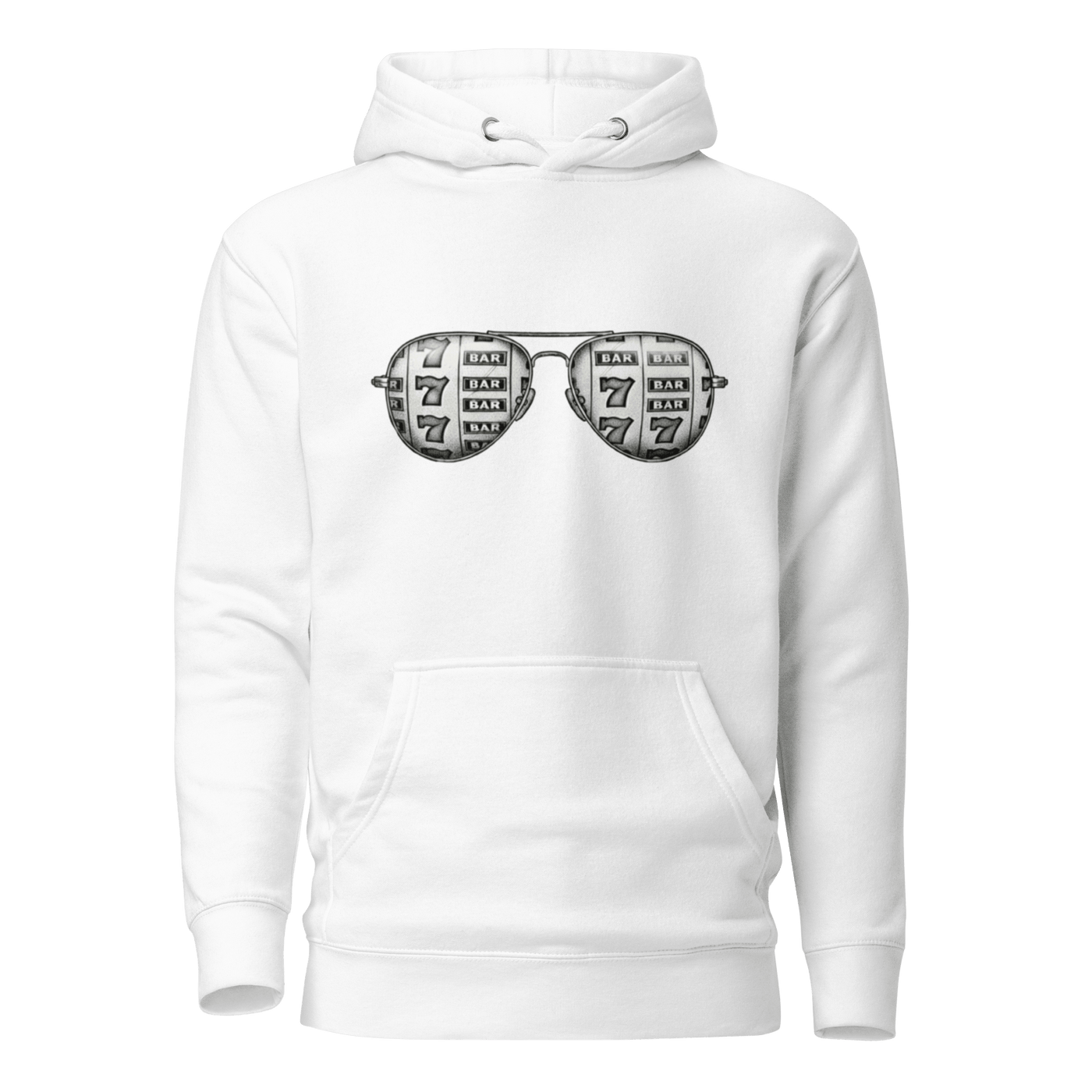 White hoodie with slot machine-themed aviator glasses design, featuring 7s and BAR symbols.