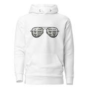 White hoodie with slot machine-themed aviator glasses design, featuring 7s and BAR symbols.