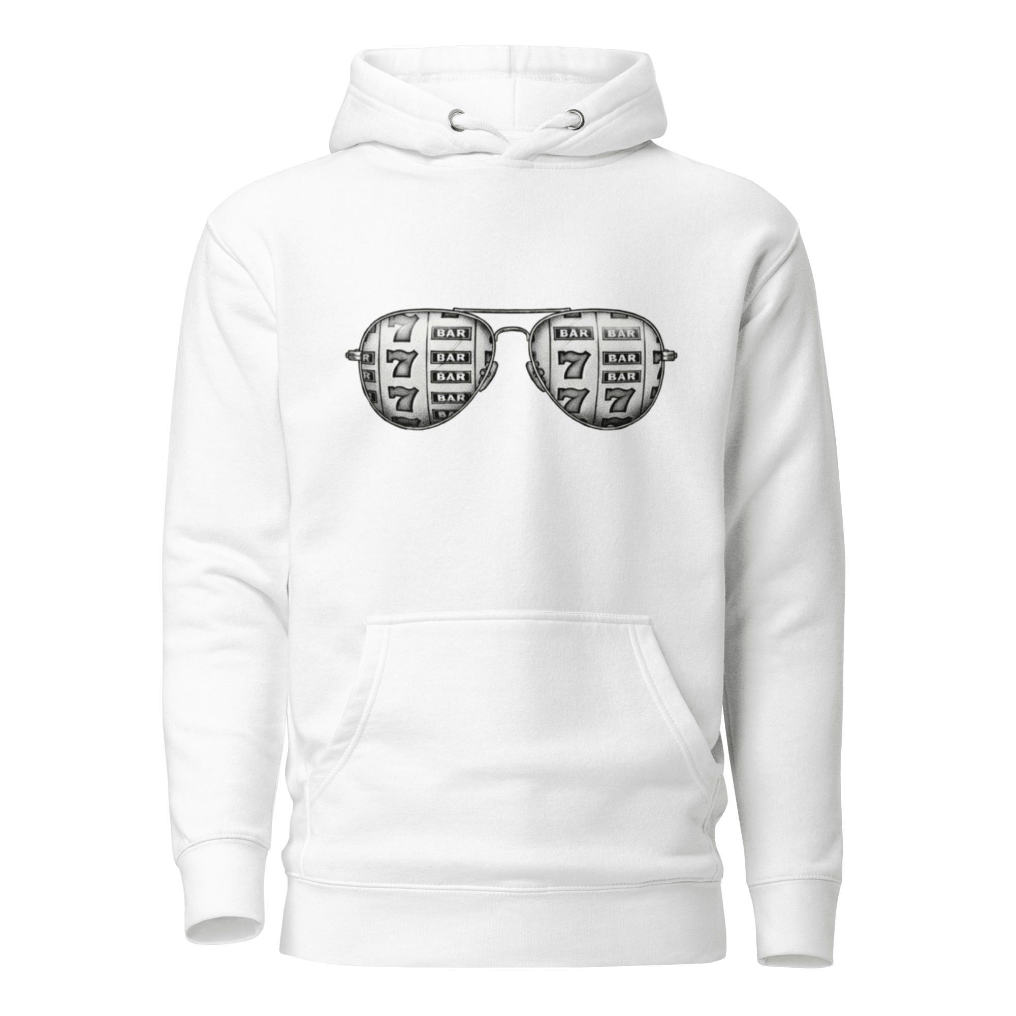 White hoodie with slot machine-themed aviator glasses design, featuring 7s and BAR symbols.
