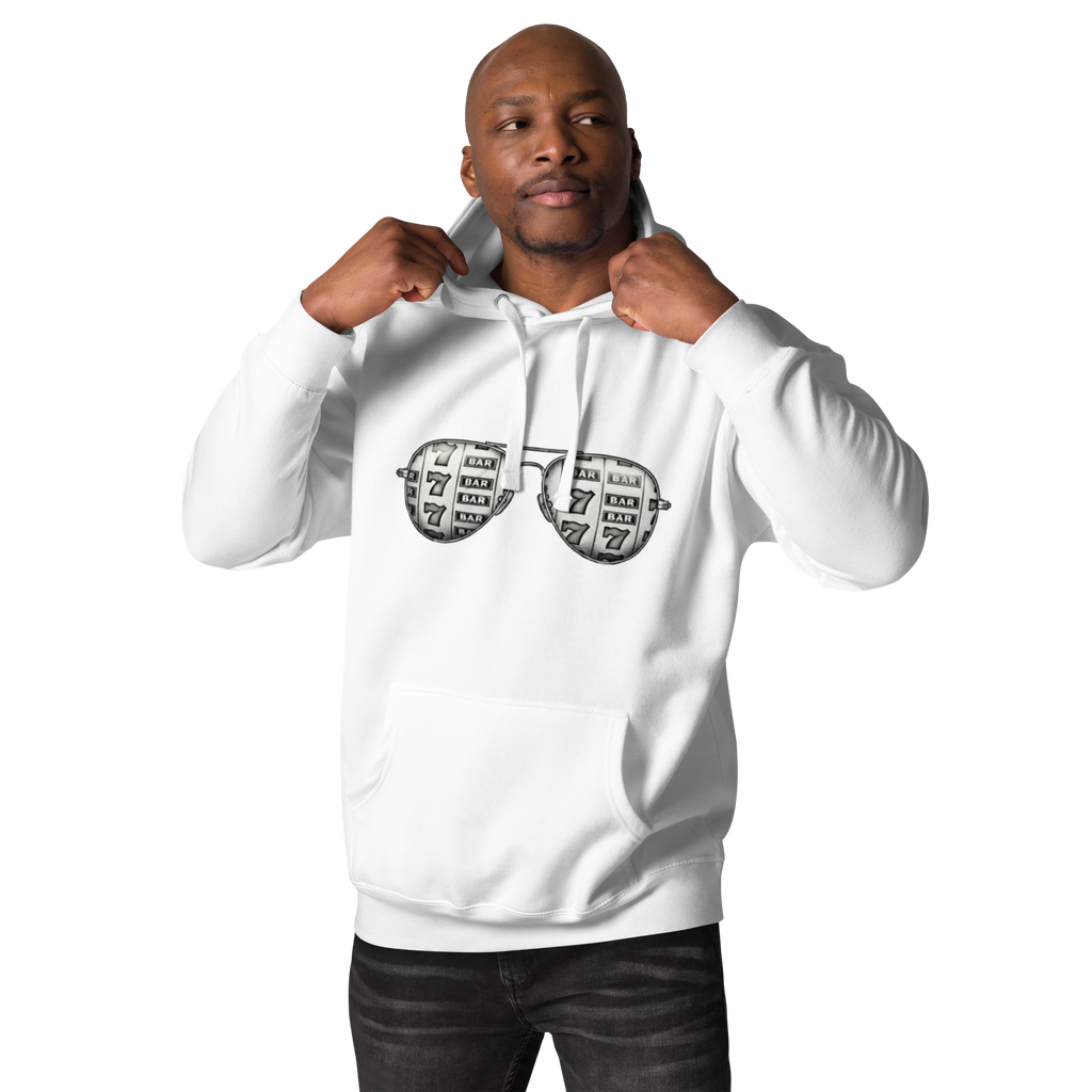 White hoodie with slot machine sunglasses design for players and pros