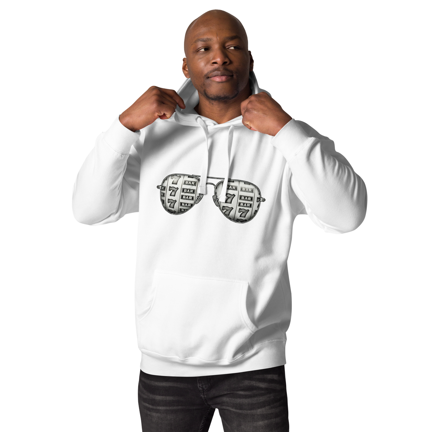 White hoodie with slot machine sunglasses design for players and pros