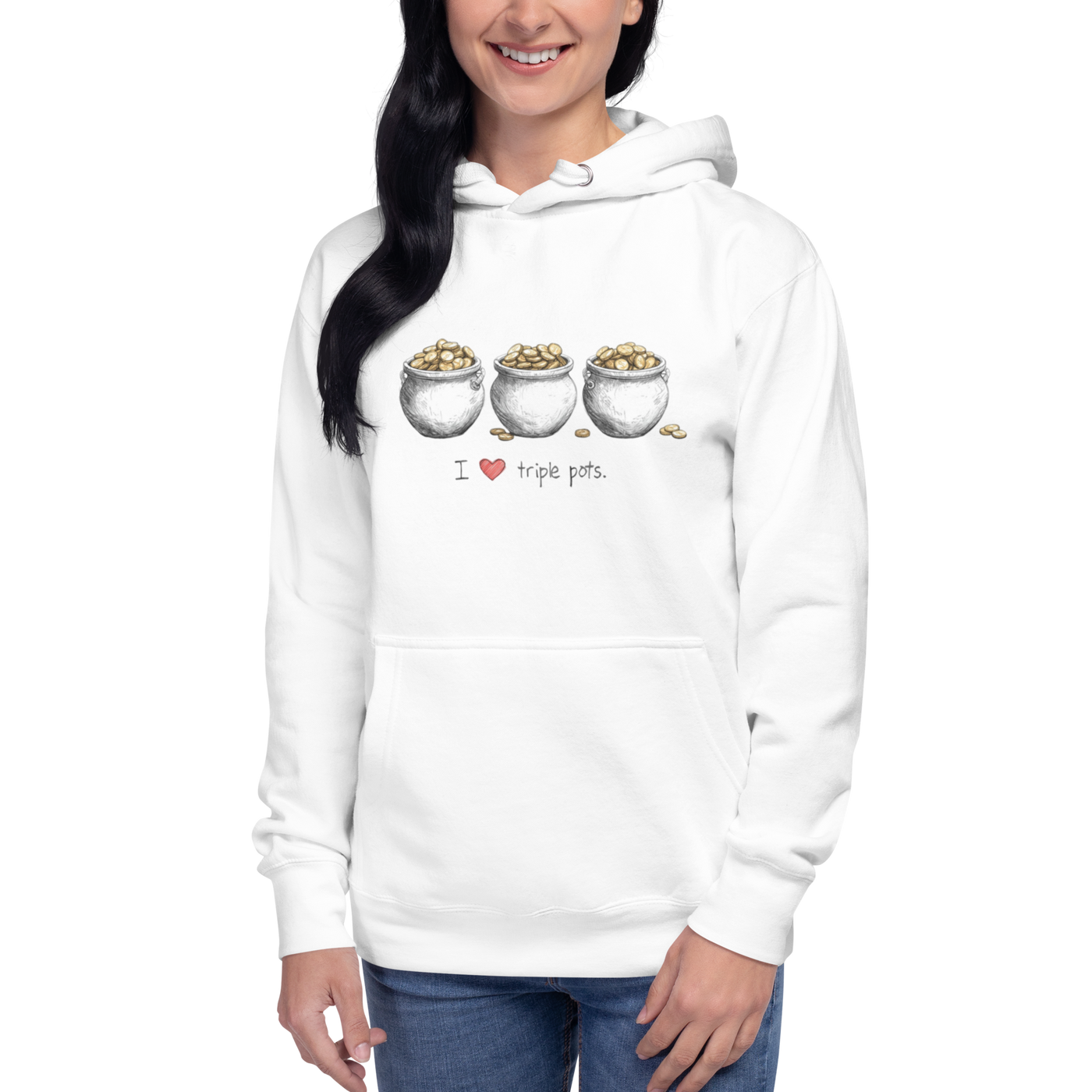 White hoodie with 'I ❤️ triple pots' and three pots of gold design, perfect for slot lovers.