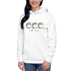 White hoodie with 'I ❤️ triple pots' and three pots of gold design, perfect for slot lovers.
