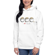 White hoodie with 'I ❤️ triple pots' and three pots of gold design, perfect for slot lovers.