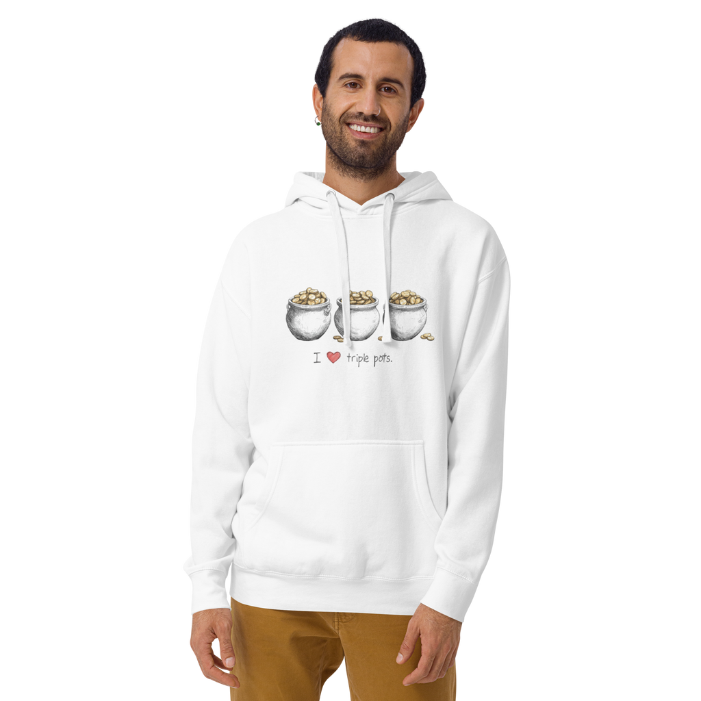White hoodie with 'I ❤️ triple pots' graphic, featuring three pots of gold coins, perfect for slot lovers.