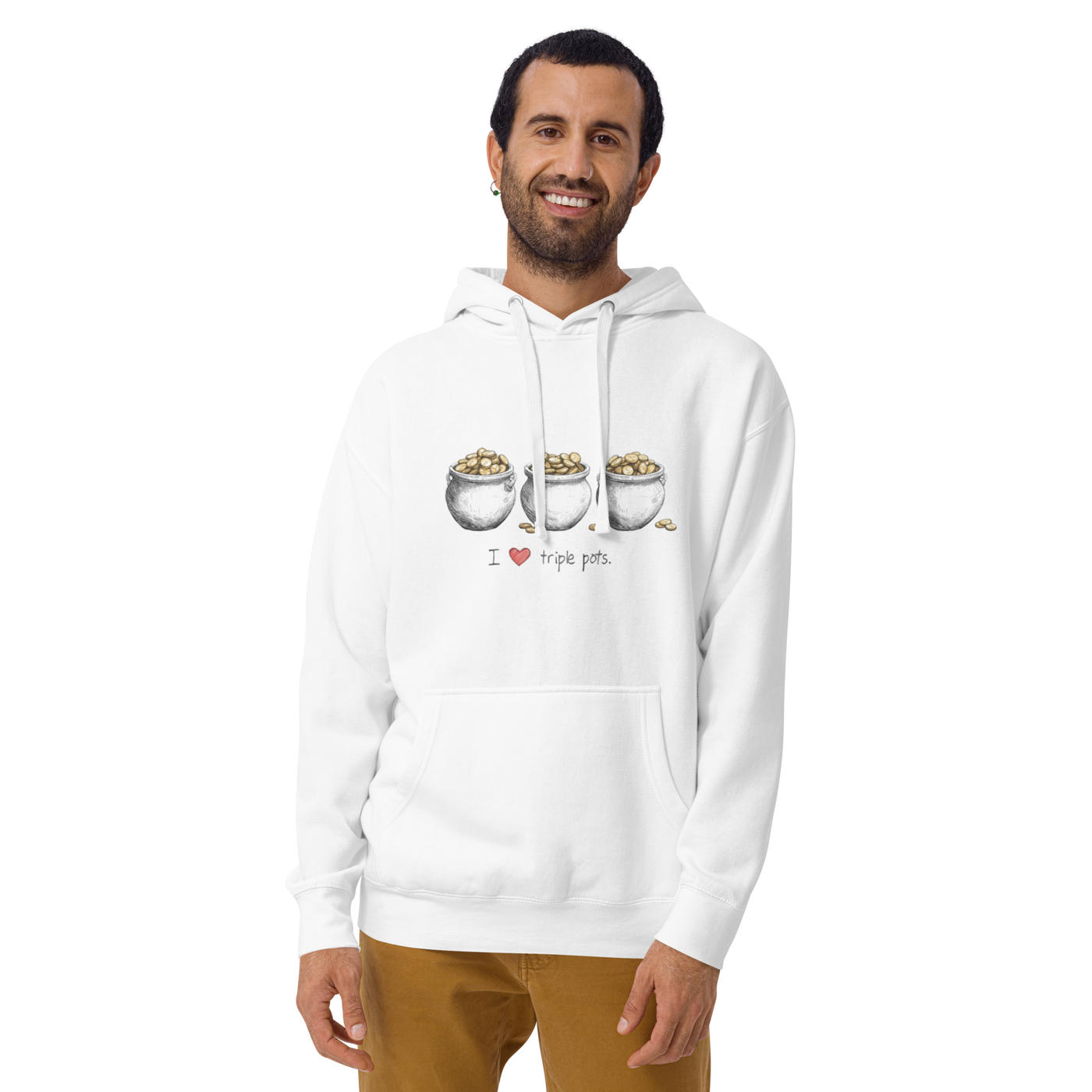 White hoodie with 'I ❤️ triple pots' graphic, featuring three pots of gold coins, perfect for slot lovers.