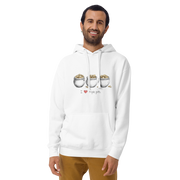 White hoodie with 'I ❤️ triple pots' graphic, featuring three pots of gold coins, perfect for slot lovers.