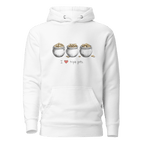 White hoodie with 'I ❤️ triple pots' graphic and three coin-filled pots, slot-themed apparel for players