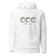 White hoodie with 'I ❤️ triple pots' graphic and three coin-filled pots, slot-themed apparel for players