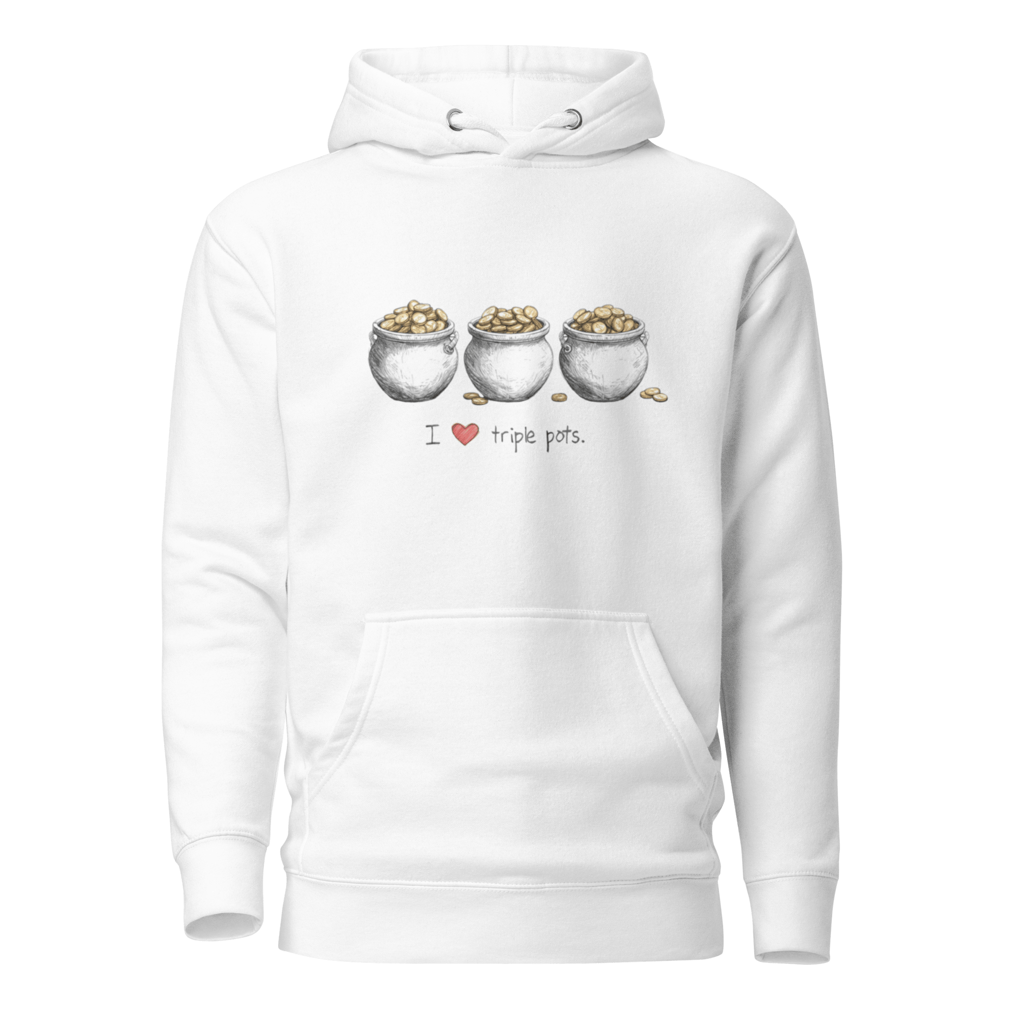White hoodie with 'I ❤️ triple pots' graphic and three coin-filled pots, slot-themed apparel for players