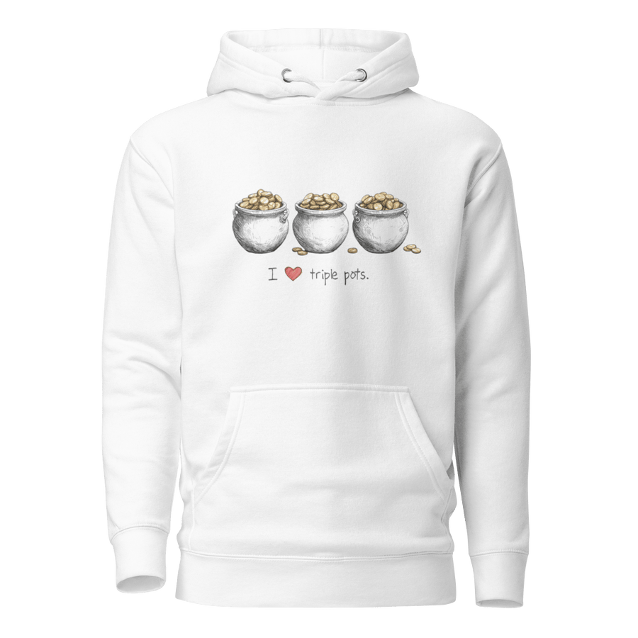 White hoodie with 'I ❤️ triple pots' graphic and three coin-filled pots, slot-themed apparel for players