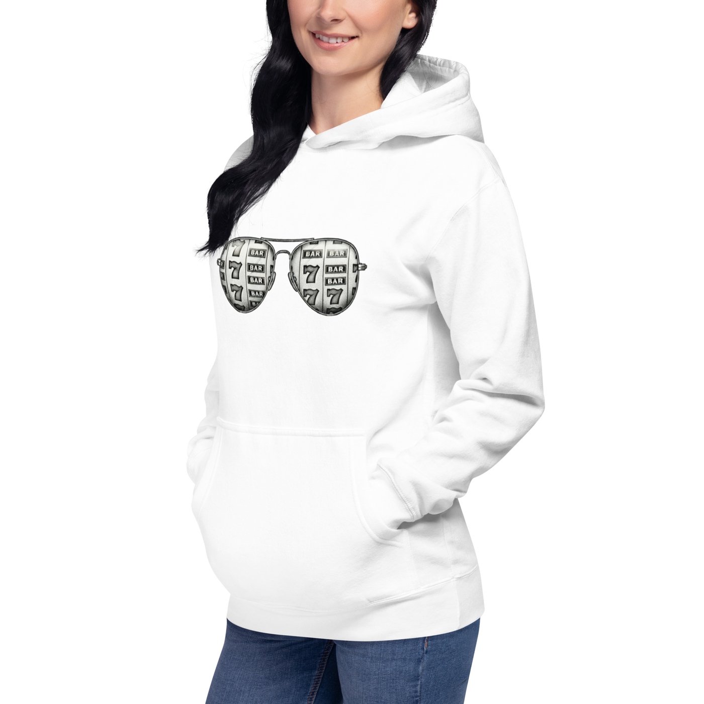 White hoodie with slot machine sunglasses graphic, quirky casino-themed apparel for players