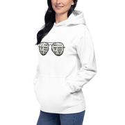 White hoodie with slot machine sunglasses graphic, quirky casino-themed apparel for players