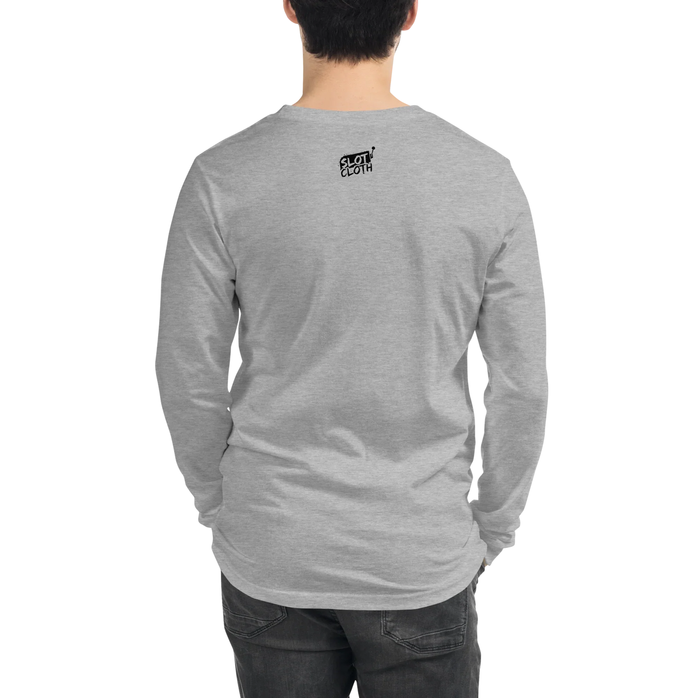 Gray long-sleeve shirt with Slot Cloth logo on back, ideal for slot enthusiasts and casual wear.