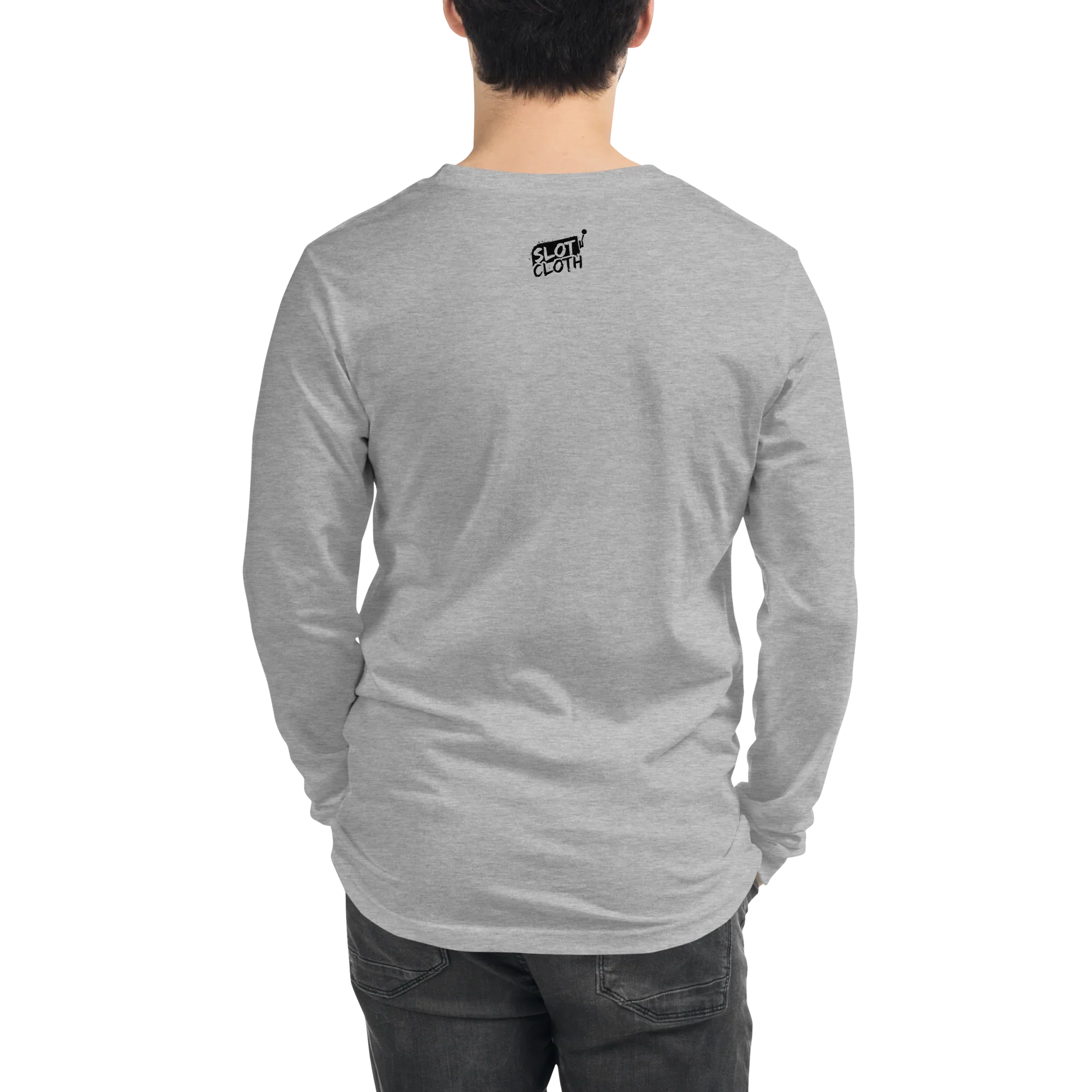Gray long-sleeve shirt with Slot Cloth logo on back, ideal for slot enthusiasts and casual wear.