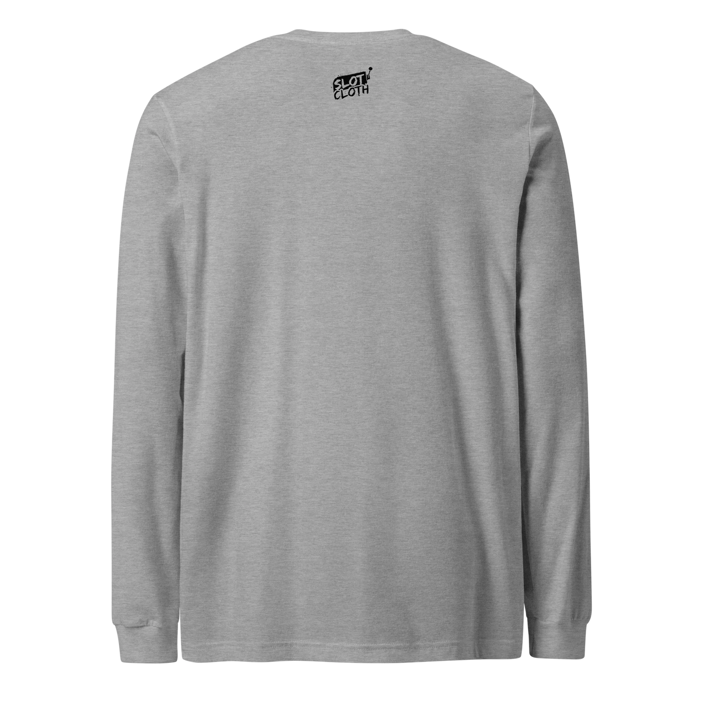 Gray long sleeve shirt with small Slot Cloth logo on back, slot-themed apparel for players