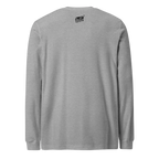 Gray long sleeve shirt with small Slot Cloth logo on back, slot-themed apparel for players