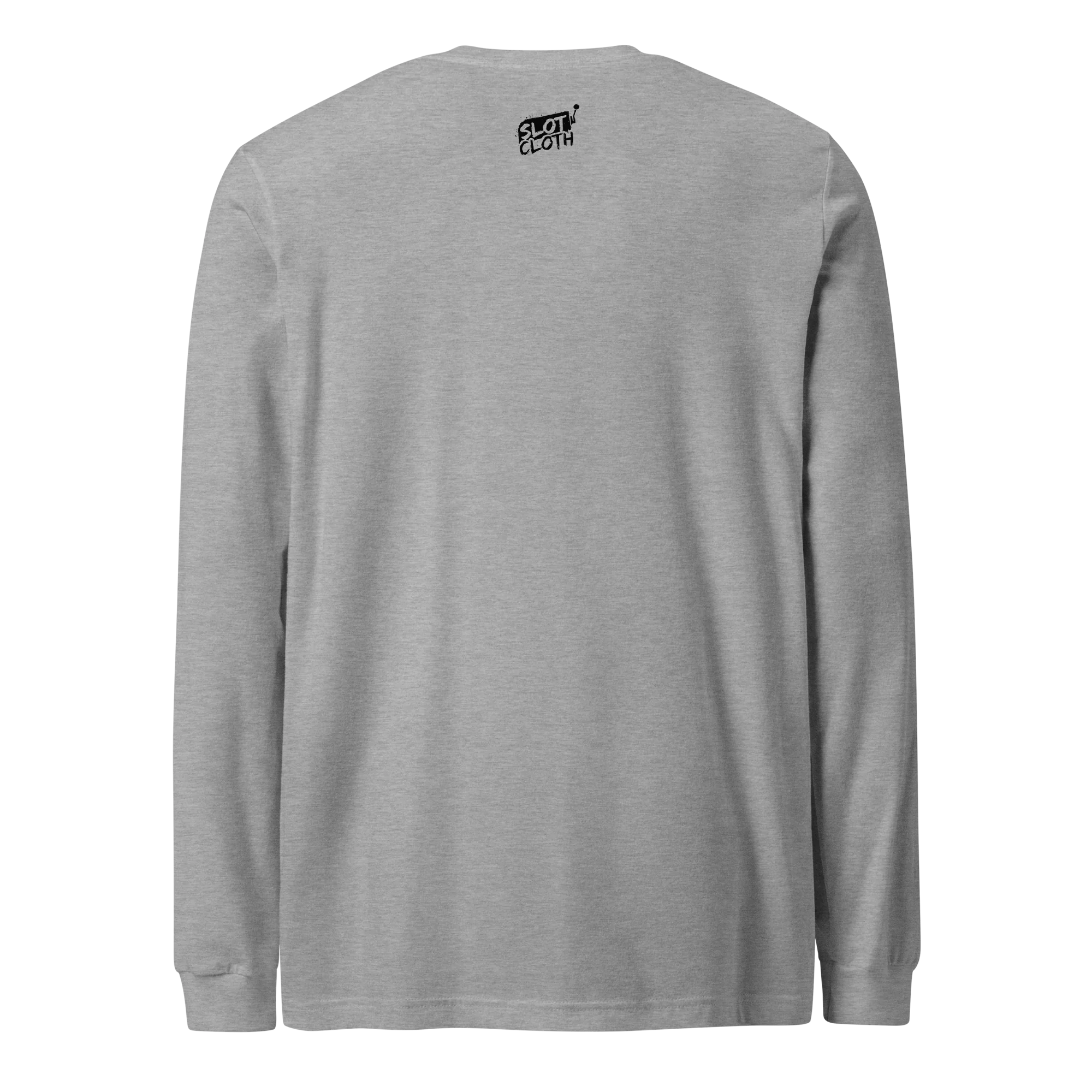Gray long sleeve shirt with small Slot Cloth logo on back, slot-themed apparel for players