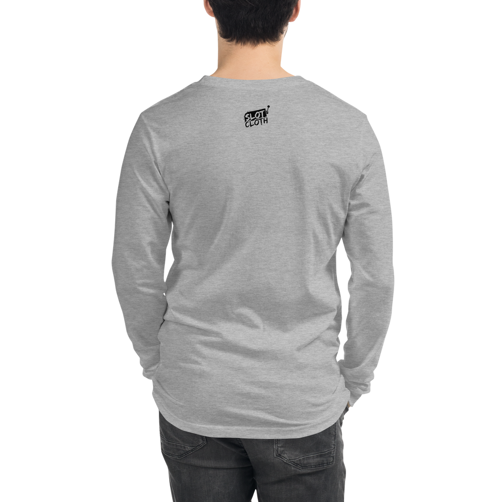 Gray long sleeve shirt with Slot Cloth logo on back, quirky slot-themed apparel for players