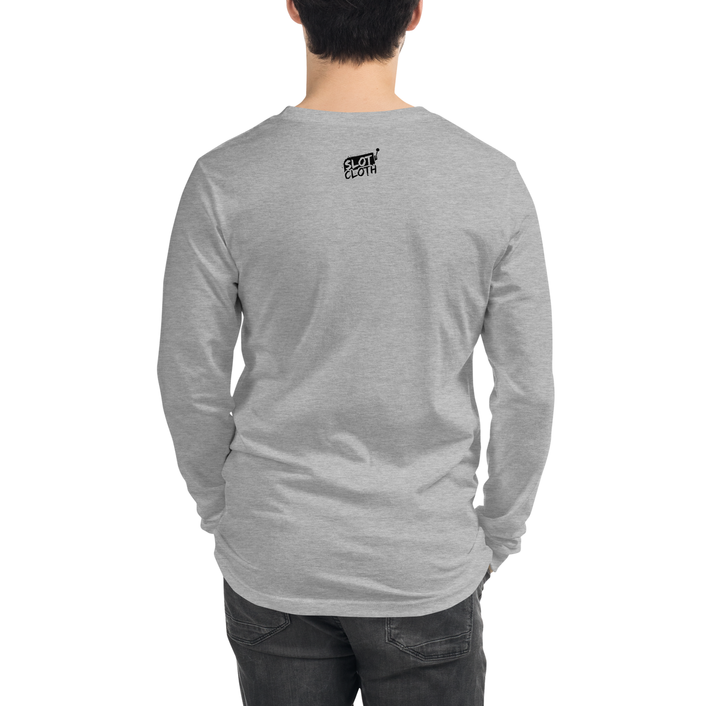 Gray long sleeve shirt with Slot Cloth logo on back, quirky slot-themed apparel for players
