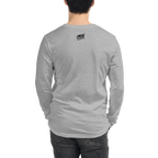 Gray long sleeve shirt with Slot Cloth logo on back, quirky slot-themed apparel for players