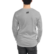 Gray long sleeve shirt with Slot Cloth logo on back, quirky slot-themed apparel for players