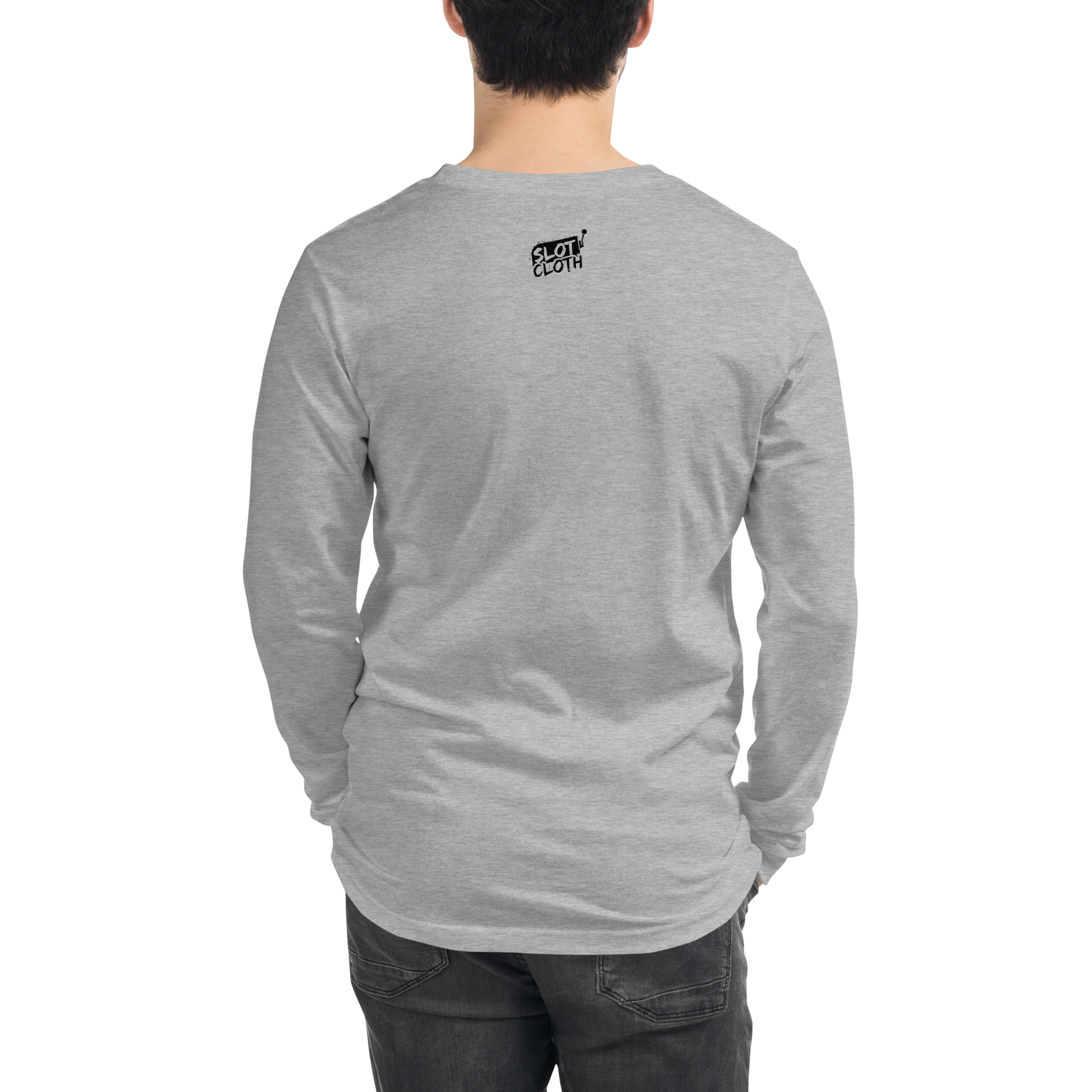 Gray long sleeve shirt with Slot Cloth logo on back, quirky slot-themed apparel for players