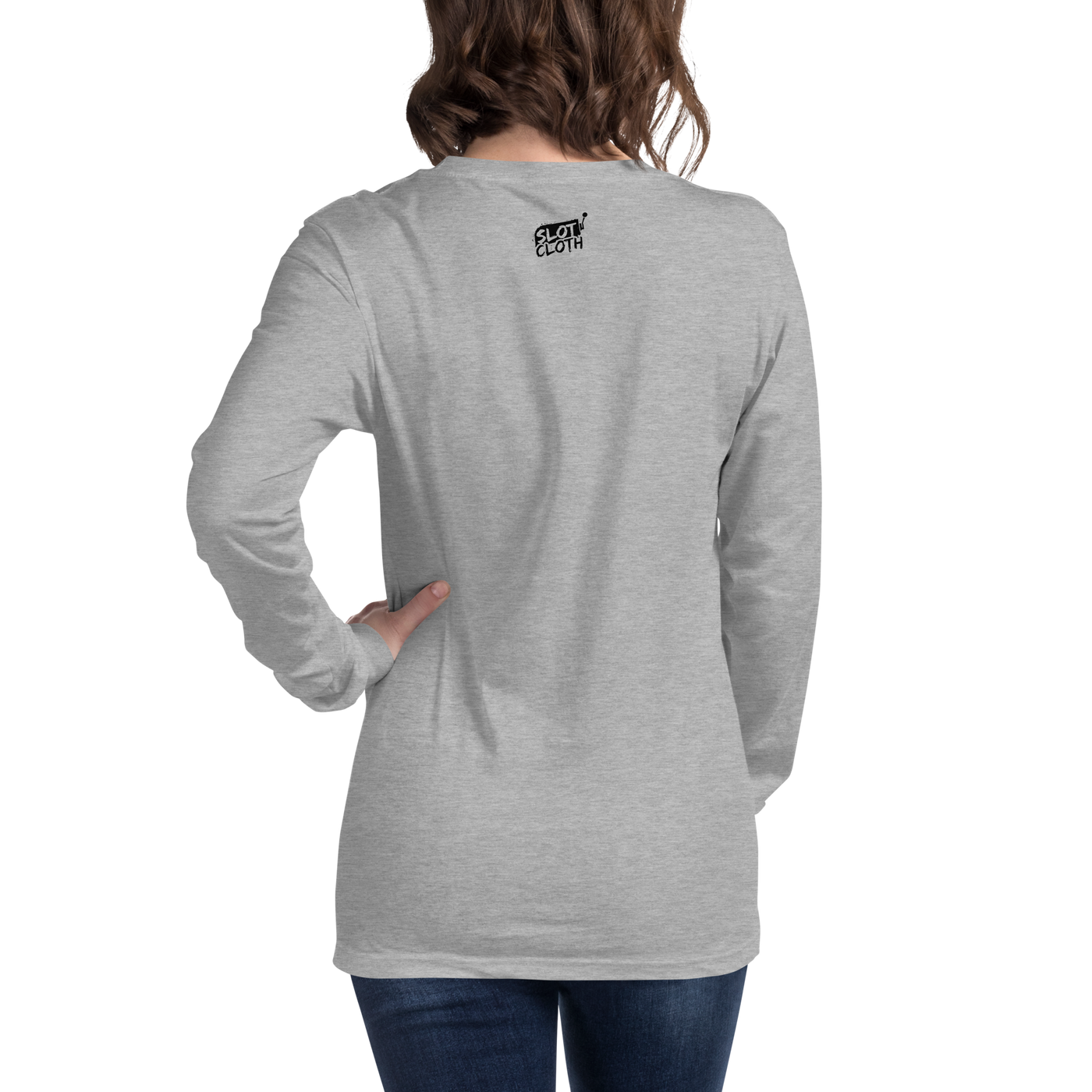 Gray long-sleeve shirt with Slot Cloth logo on back, worn by woman with hand on hip